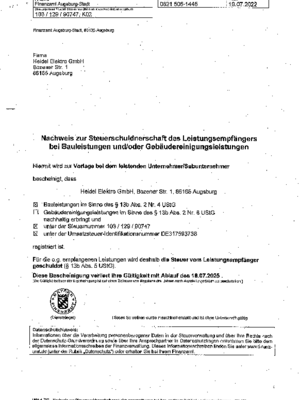 Nachweis zur Steuerschuldnerschaft bei Heidel Elektro GmbH in Augsburg